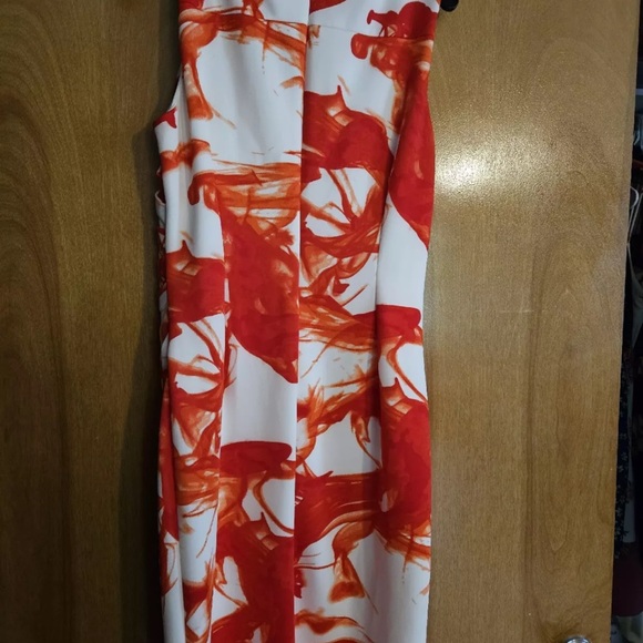 Calvin Klein Orange Red White Abstract Sunburst Ruched Dress Size 8 - Picture 2 of 3